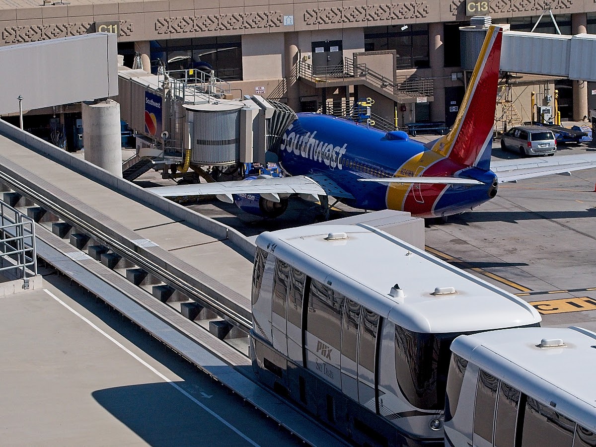 Southwest plane and PHX Sky Train at Phoenix Sky Harbor