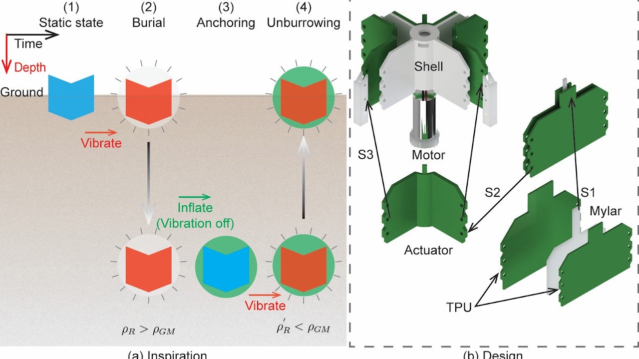 Diagram of digging and unburrowing via vibration and volume tuning
